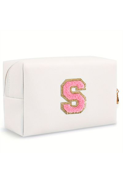Choice 1PC white S Initial letter patch makeup bag, Preppy portable zipper bag, PU leather waterproof trave