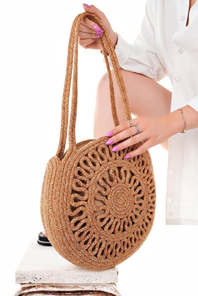 Aymood Kadın Hasır Çanta El Örgülü Jüt Hasır Omuz Plaj Çantası