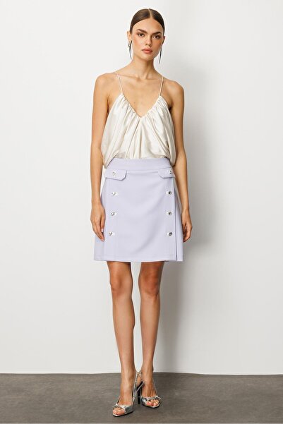 Moda İlgi Modailgi Kapak Detaylı Fleto ile Düğme Kapamalı Kısa Etek - 70024 Lila