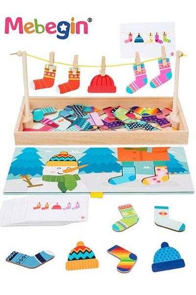 MEBEGIN Funny Sock Drying Game Sock Pairing Toy Set Wooden Pairing Socks Puzzle with Storage Box & 20 Cards