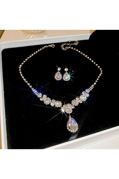 Choice HN6586-2 Water Drop Inlaid Rhinestone Earrings Necklace Set Light Luxury Fashion Pendant Necklaces W