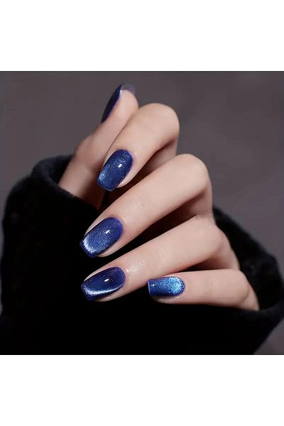 Choice Dark blue 24pcs Cat's Eye Press on Nails Wearing Square Head French Ballet Nail Art Tips for Women R
