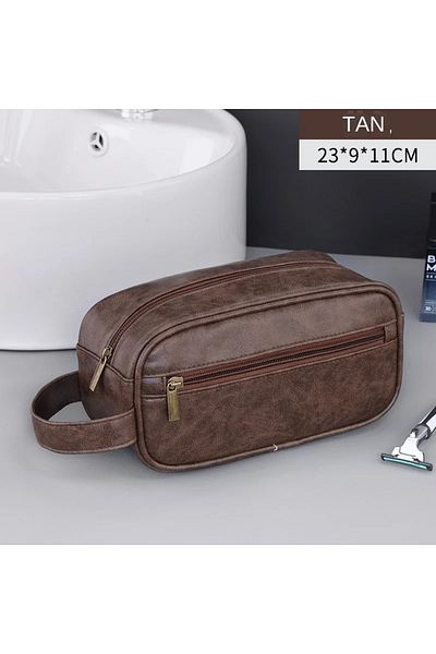 Choice dark brown Men Leather Wash Bag Travel Business Trips Portable Cosmetic Bag Large Capacity Multi Poc