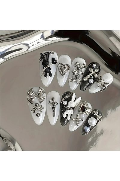 Choice SJ116-M 10pcs personalized black and white nail art, rabbit and bow decoration - Gothic minimalist s