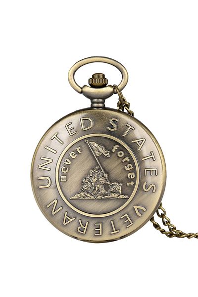Choice bronze Vintage Bronze Remembering History "American Veteran" Bronze Necklace Pocket Watch Gift For M