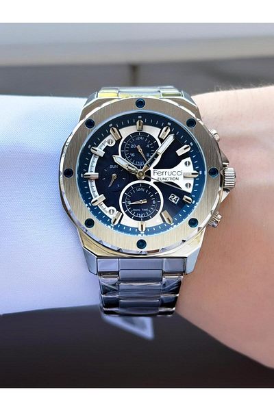 Ferrucci Function Men's Wristwatch – Blue Chronograph Dial, Calendar, Luminous Metal Band Sports Tasa