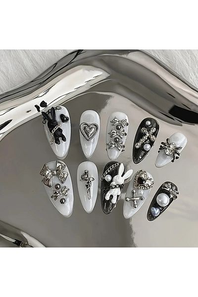 Choice SJ116-XS 10pcs personalized black and white nail art, rabbit and bow decoration - Gothic minimalist