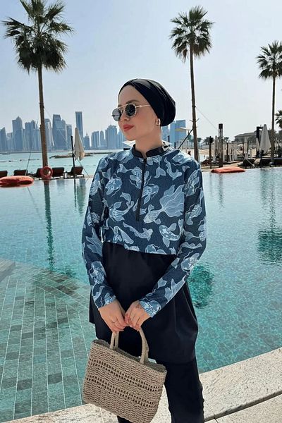 DEFNECE BUTİK Costum de baie Hijab imprimat digital - Albastru
