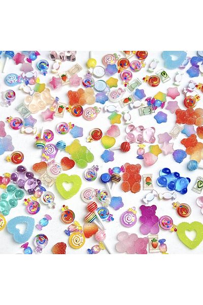 Choice Mixed 200PCS Colorful Candy Mixed Series Nail Art Charms Painted Lollipops Fudge Hearts Beas Nail De