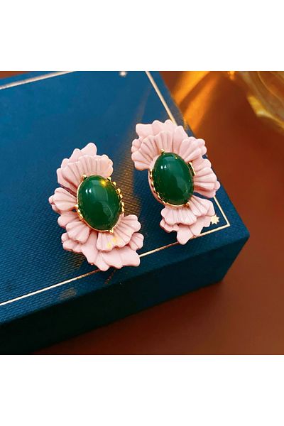 Choice WE2163-1 Vintage Flower Earrings for Women 2025 Fashion Oval Glass Ear Clip Versatile High-end Retro