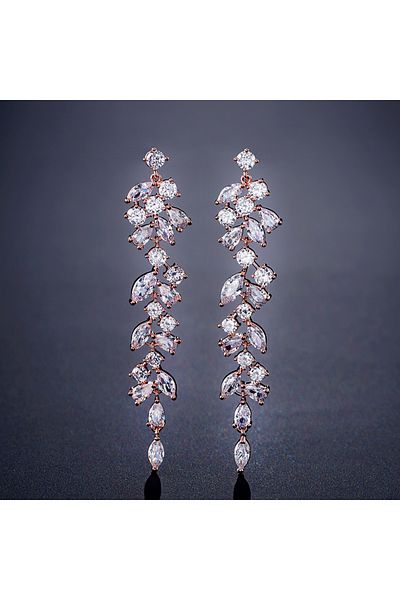 Choice Rose Gold ZAKOL Fashion Cubic Zirconia Leaf Long Dangle Earrings for Elegant Women White Leaves Drop