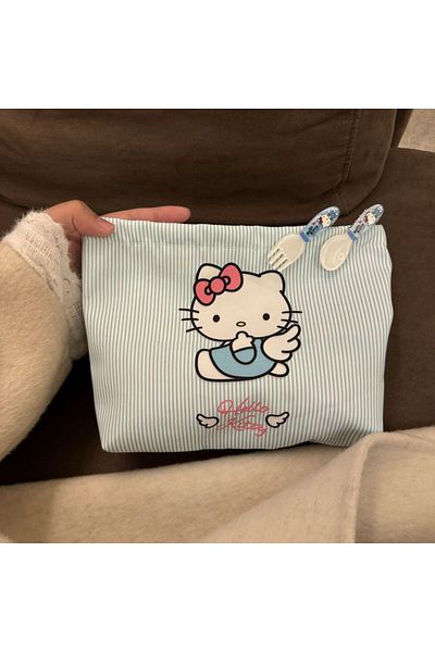 Miniso blue Cute Blue Striped HelloKitty Makeup Bag Cartoon Handheld Makeup Bag Large Capacity