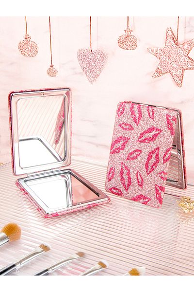 Choice AE-0074-SQ 1 PC Lip Pattern Glitter Double-Sided Makeup Mirror, Portable and Stylish—Perfect Gift fo