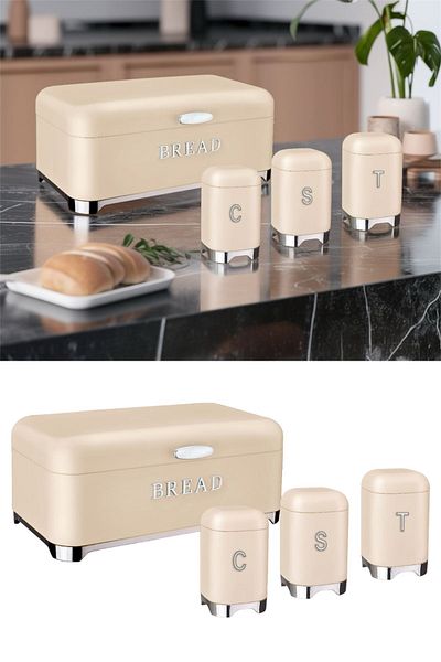 Bayev Cuisine Cream Metal Bread and Spice Storage Set - Bread and Spice Rack 0044