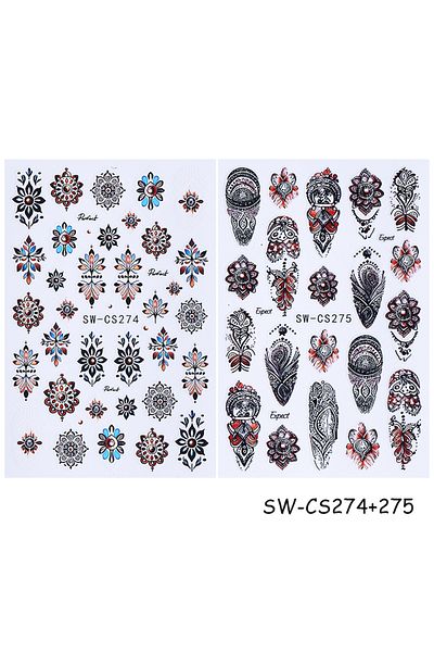 Choice SW-CS274-275 2pcs Bohemian Nail Stickers Black Brown Retro Embroidery Boho Style Flower Design Adhes