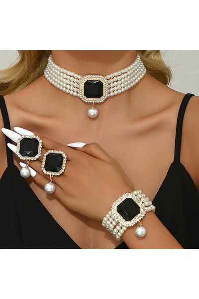 Choice 80854211-Black Women's Fashion Light Luxury Short Style Imitation Pearl Rhinestone Necklace Earrings