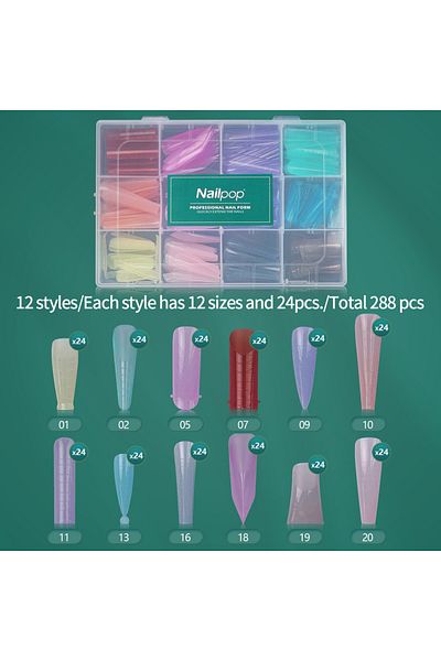 Choice JMT02-Colored 288 Nailpop 288pcs/12 Size Colourful Clear Nail Dual Formset Extension Gel Moulds Acry