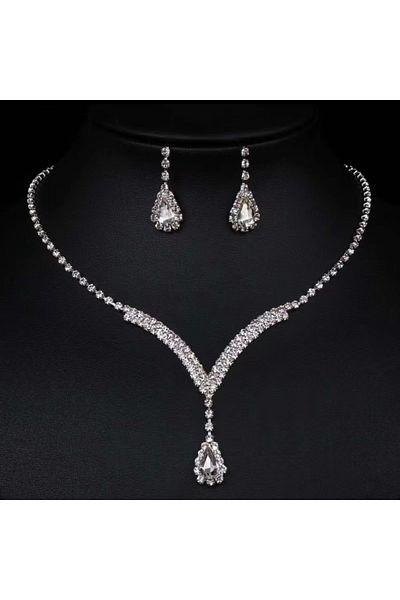 Choice HN4637-1 Water Drop Inlaid Rhinestone Earrings Necklace Set Light Luxury Fashion Pendant Necklaces W