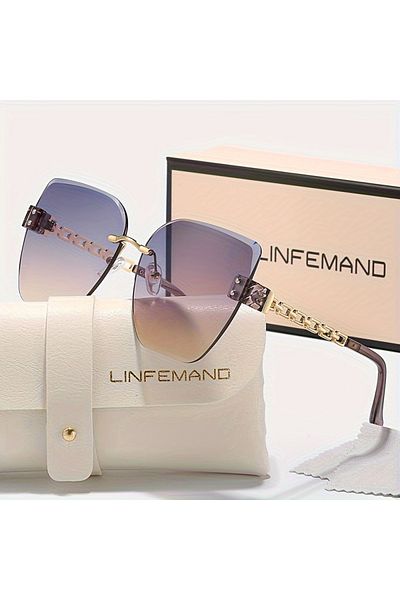 Choice Purple LINFEMAND Frameless Gradient Cat Eye Sunglasses UV400 for Women, Luxury Fashion Glasses for D