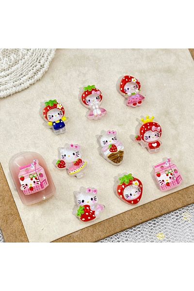 Miniso 01-Mix-50Pcs 100Pcs New Strawberry Hello Kitty Nail Charms - Icy Translucent Glitter Mini Dress KT C