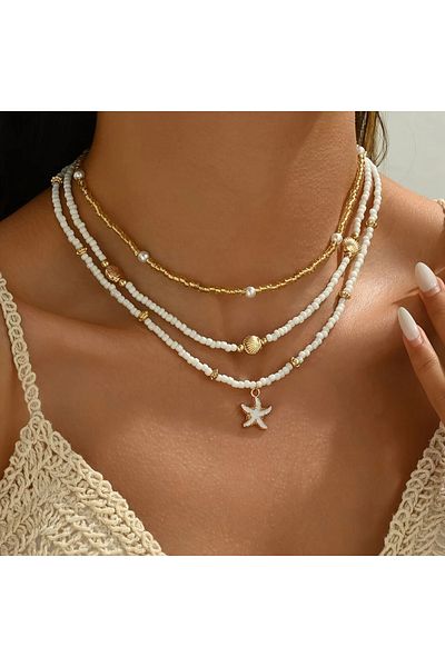 Choice White Vintage Women's Multi-layer Stacked Handmade Seed Bead Choker Trendy Starfish Shell Pendant Ne