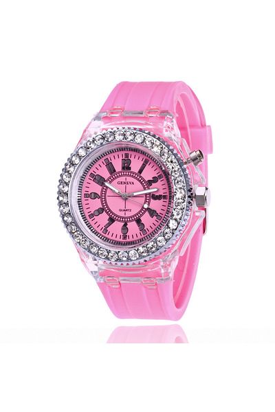 Choice Pink LED Light Flash Luminous Watches Women Men Boys Girls Silicone Wrist Watch Fashion Rhinestone C