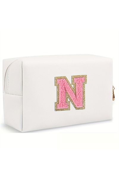 Choice 1PC white N Initial letter patch makeup bag, Preppy portable zipper bag, PU leather waterproof trave