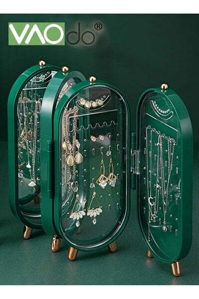 VAODO 4-layer Foldable Jewelry Storage Box Visible and Easy to Take Jewelry Display Cabinet with Mirror