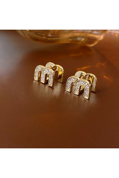Choice Gold color Double-sided Zircon Dripping M Letter Light Luxury High-end Hoop Earrings French Personal