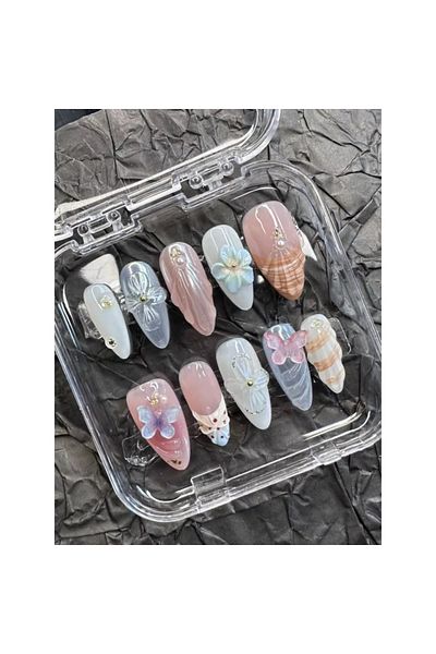 Choice XS 10pcs Handmade Nails Set Almond Shape Hand Crafted 3D Ocean Summer Floral Decor Nails, Featuring