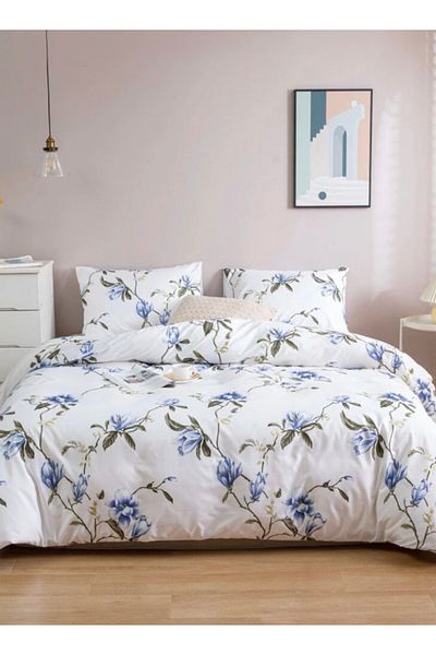 LUNA HOME King Size 6 Piece Duvet Cover Set White with Blue Flowers Bedding Set without Filler 220X240cm.