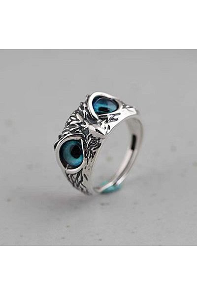 Choice Silver Retro animal opening adjustable blue eyed owl ring for couples