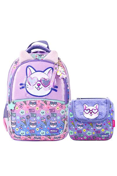 MUGGLE Geantă de școală Purple Yum Yum cu 2 compartimente + Cutie de prânz violet Set de 2