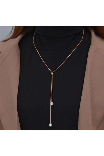Choice Gold Simple Faux Pearl Pendant Adjustable Long Sweater Chain Necklace Female Necklace Jewelry Orname