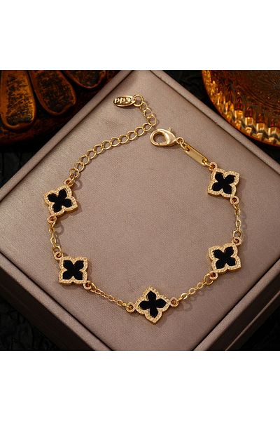 Choice Black Luxury Vintage Rhinestone Four Leaf Clover Bracelet for Women Girls Fashion Five Leaf Flower W