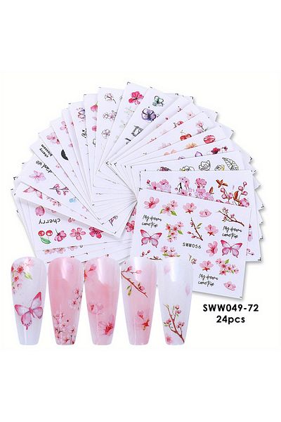 Choice SWW049-72 24pcs 24pcs/set Sakura Flower Nail Water Stickers Pink Cherry Blossoms Floral Leaf Ink Des