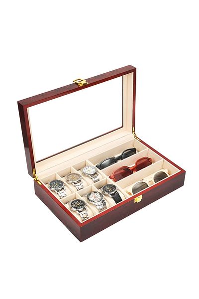 Choice Red Watch Organizer Box,6 Watch 3 Slots Sunglasses Wooden Watch Organizer Box with Real Glass Top,Pe