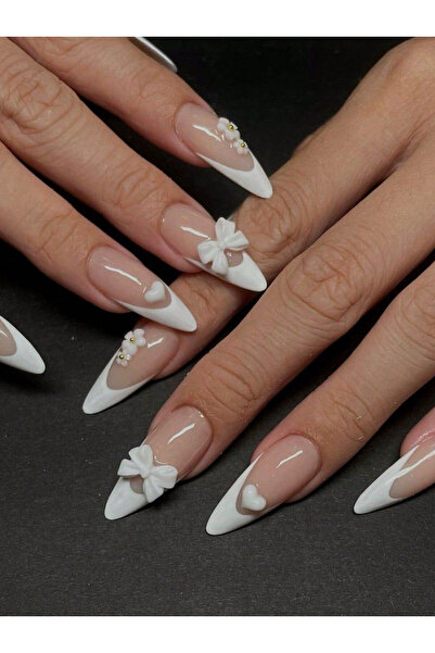 Choice 24 قطعة أظافر صناعية قصيرة بلون العاج مع عقدة على شكل فيونكة، أظافر صن...