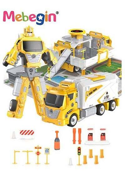 MEBEGIN Robot Transforming Truck Toy Set with Road Barrier Traffic Signs, Transforming Engineering Car Toy