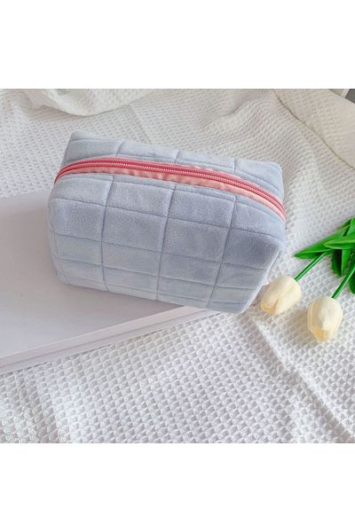Choice Blue Cute Plush Makeup Bag for Women Portable Travel Small Cosmetic Bags Solid Color Zipper Toiletry