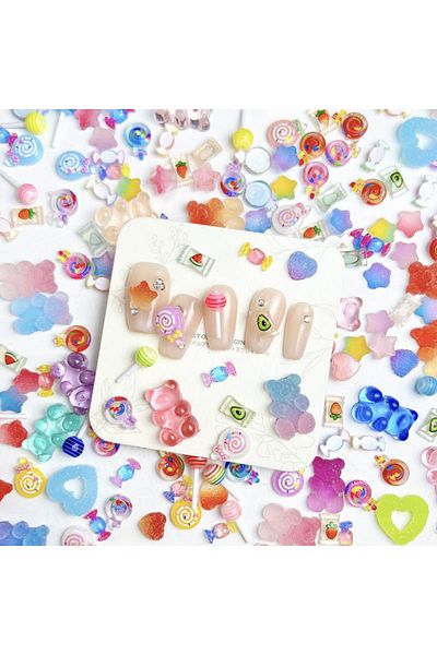 Choice Mixed 100PCS Colorful Candy Mixed Series Nail Art Charms Painted Lollipops Fudge Hearts Beas Nail De
