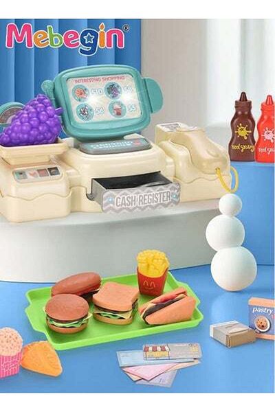MEBEGIN 25 Pcs Kids Pretend Play Toy with Light and Sounds, Fun Cash Register with Scanner