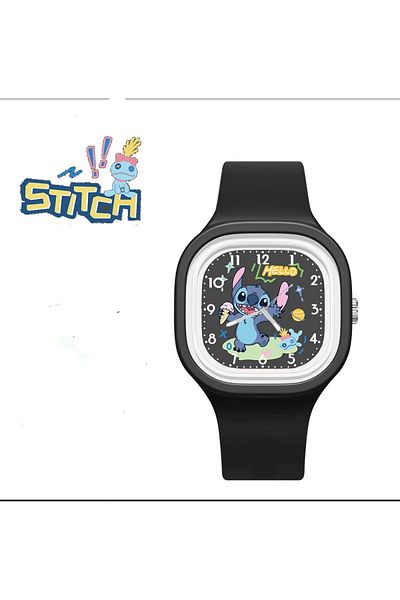 Choice black Disney Stitch Cartoon Children's Watch for Boys and Girls, Square Silicone Strap, Quartz Wrist