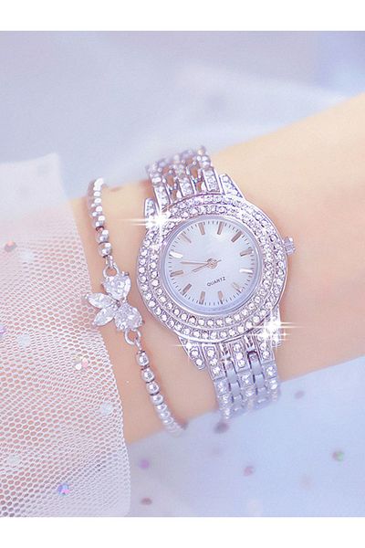 Choice silvery 2pcs Fashionable Diamond Studded Real Nail Scale Alloy Set Quartz Bracelet Watch FOR WOMEN'S