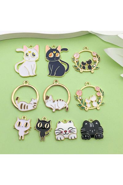 Choice Mix-10pcs 10pcs Black And White Enamel Cartoon Cute Cat Charms, Alloy Metal Animal Pendants, For DIY