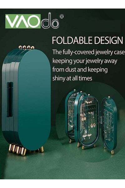 VAODO 4-layer Foldable Jewelry Storage Box Visible and Easy to Take Jewelry Display Cabinet with Mirror
