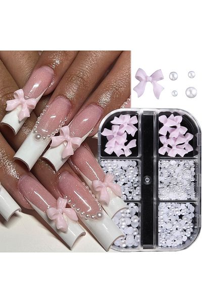 Choice WHITE 1 Box Kawaii Mini Bow 3D Cute Nail Art Decorations White Pearls Nails Charms Designs DIY Pink