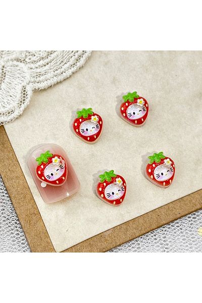 Miniso 09 100Pcs New Strawberry Hello Kitty Nail Charms - Icy Translucent Glitter Mini Dress KT Cat 3D Nail