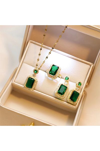 Choice 3piece Classic Women's Three-piece Jewelry Set Statement Emerald Ring Fashion Green Zircon Ring Earr