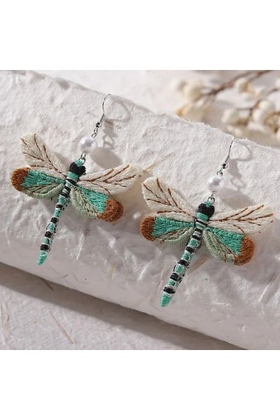 Choice Green Boho Vintage Dragonfly Earrings - Handmade Embroidery Pendants Unique Fun Drop Earrings Bohemi